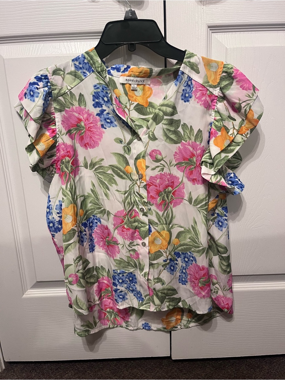 Rose & Olive Floral Button-Up Flutter Sleeve Top in White, Pink, Blue, Yellow